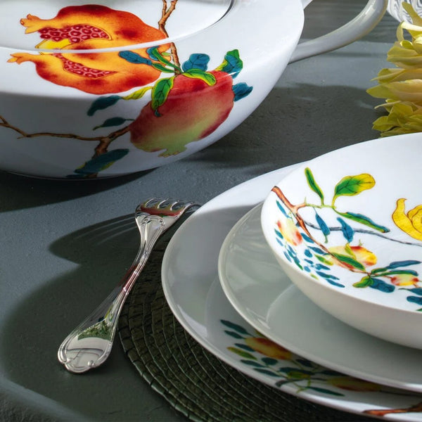 Sully dinner fork by Ercuis in polished stainless steel styled with fruit motifs dinnerware.