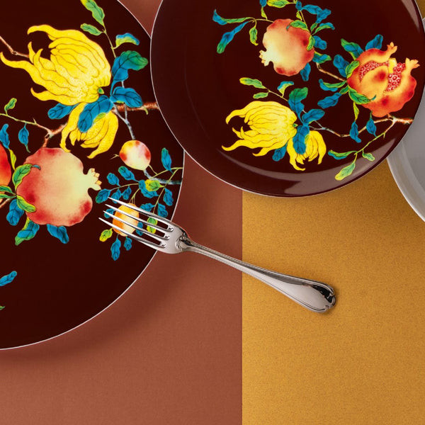 Sully dessert fork by Ercuis in polished stainless steel styled with Harmonia dinnerware.