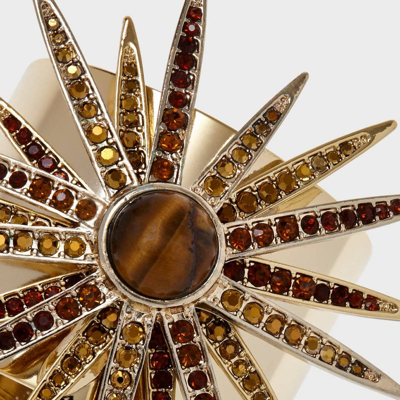 Close-up of tiger’s eye center stone with surrounding crystals on Starburst Napkin Ring