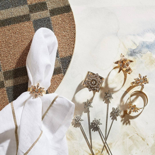 Crystal Snowflake Napkin Ring on white napkin, styled with coordinating winter table décor by Joanna Buchanan