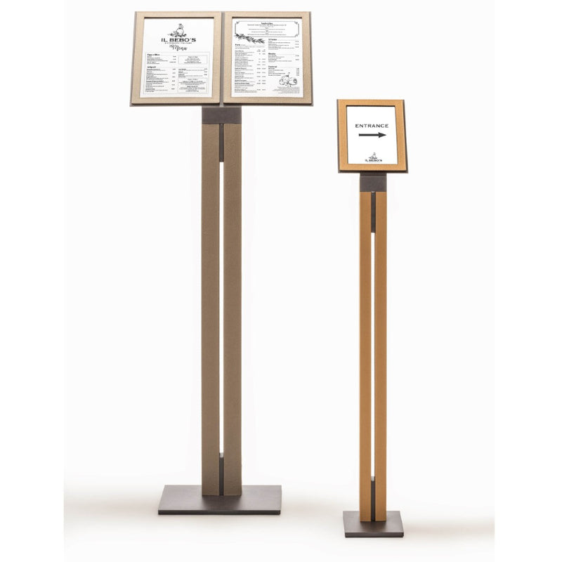 Pillar Leather Single Menu Stand by Giobagnara in tan and bronze finish, luxury display stand for menus or hospitality presentation.