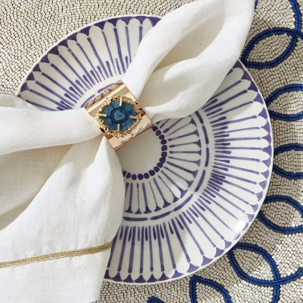 Blue and white summer table setting with Crystal Quartz Napkin Ring by Joanna Buchanan