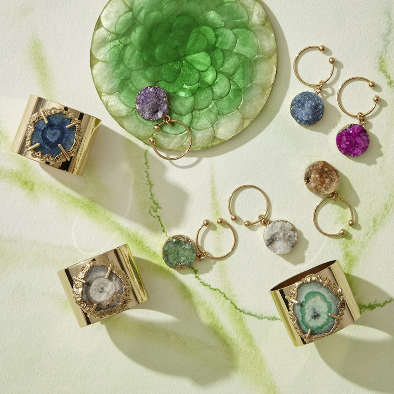 Quartz green napkin rings by Joanna Buchanan presented next to quartz blue and grey napkin rings.