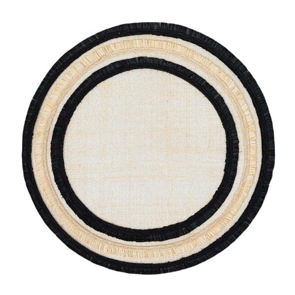 Beige and black Ruffle Edge Straw Placemats with handwoven texture by Joanna Buchanan.