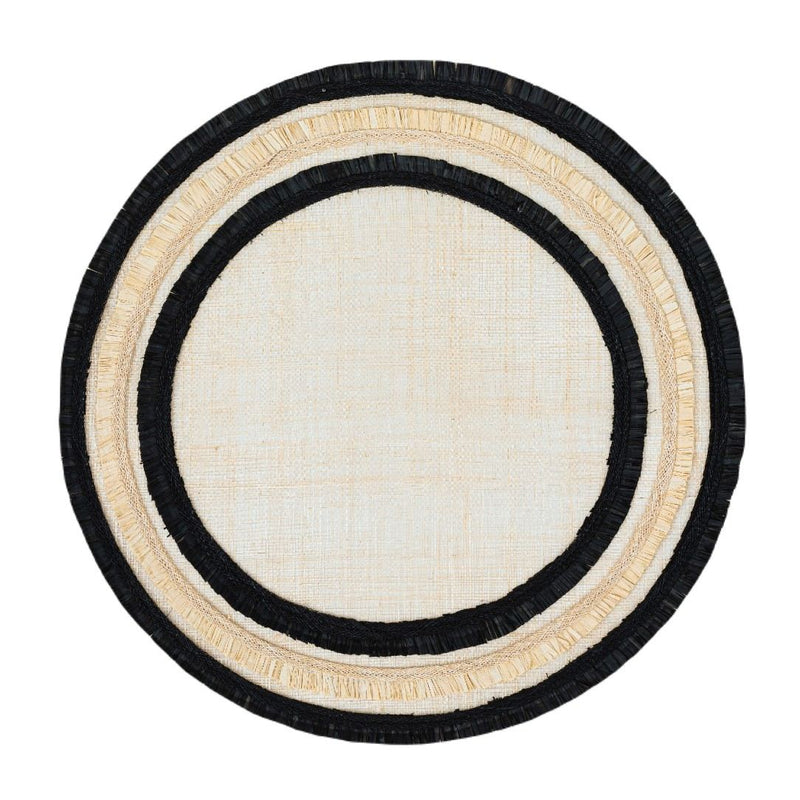 Beige and black Ruffle Edge Straw Placemats with handwoven texture by Joanna Buchanan.