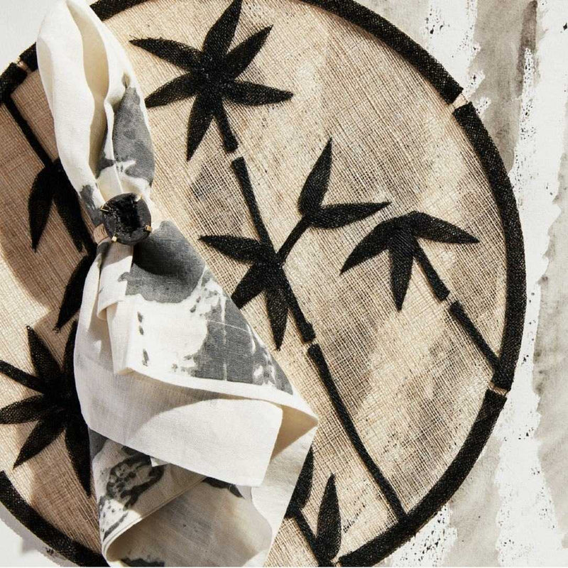 Grey Brushstroke napkins styled on a bohoo chic table setting, sold at Amiramour.