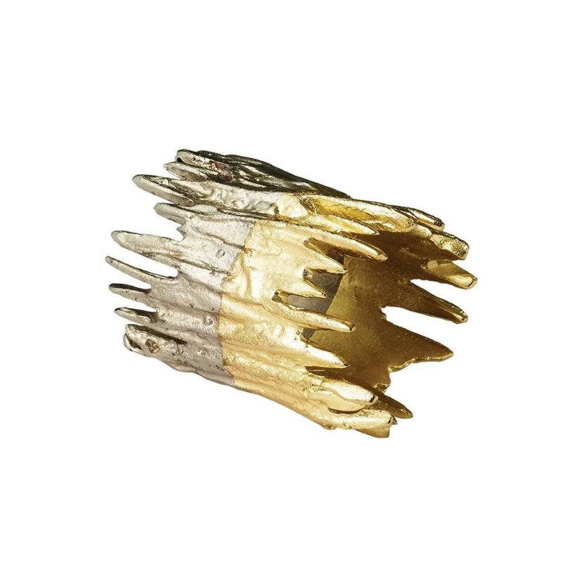 Angled side view of Patina Gold & Silver Napkin Ring by Kim Seybert on white background