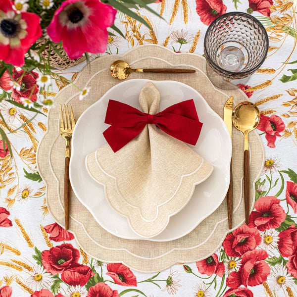 Beige and red table setting with Red Velvet Bows by Roseberry Home