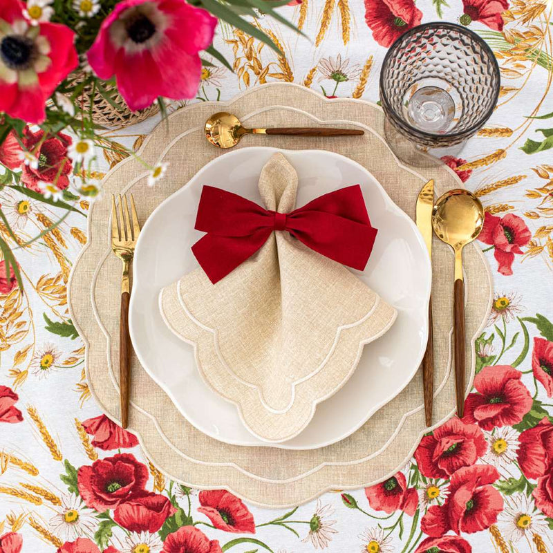 Beige and red table setting with Red Velvet Bows by Roseberry Home