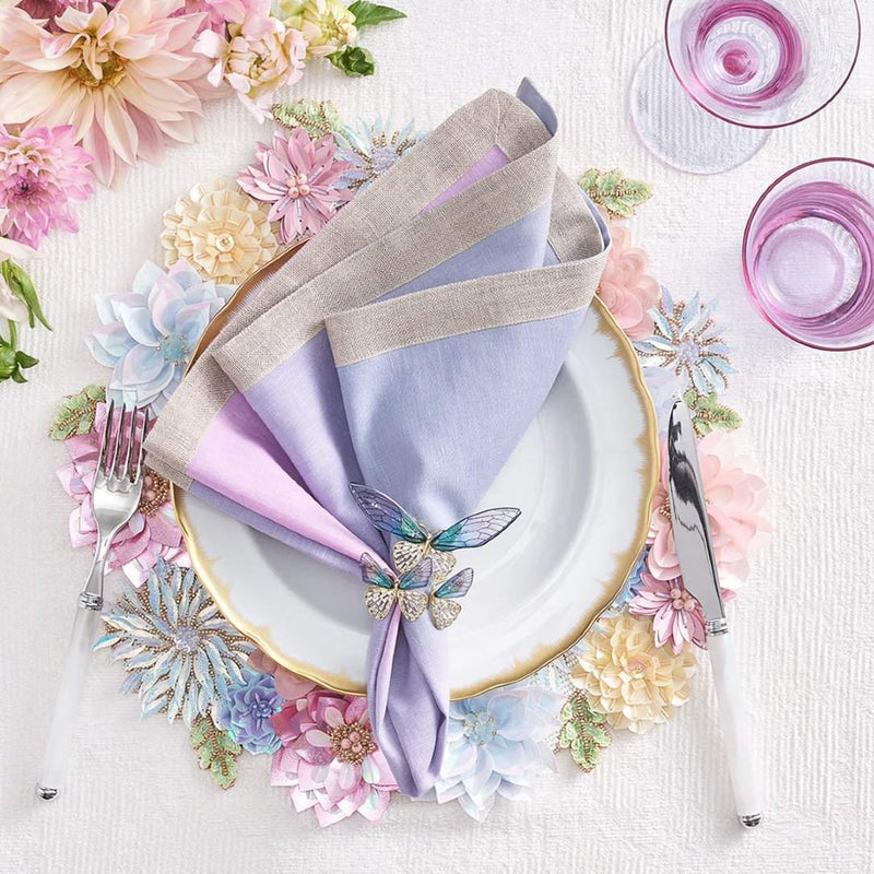 Ombre napkin in lilac and periwinkle styled with butterfly napkin ring, sold at Amiramour.