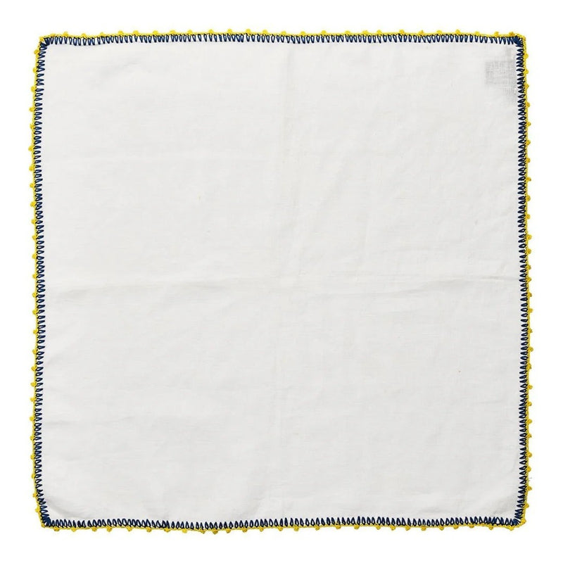 Unwrapped Knotted Edge napkin with blue and yellow crochet trim on white background, Amiramour
