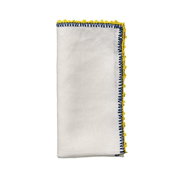 Knotted Edge napkin in white with blue and yellow trim on white background, Amiramour