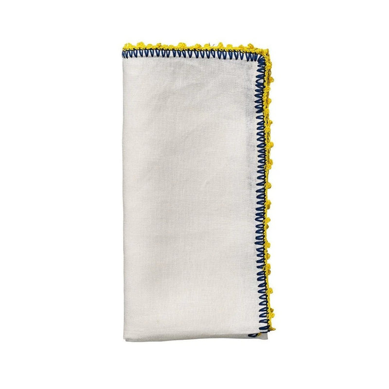Knotted Edge napkin in white with blue and yellow trim on white background, Amiramour