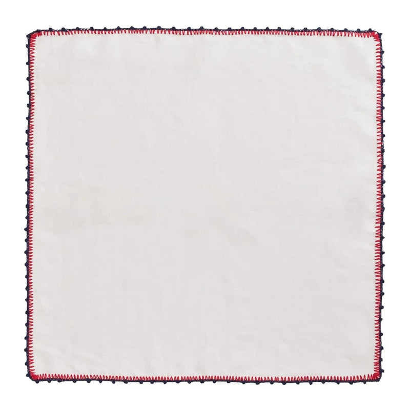 Unwrapped Knotted Edge napkin in white with colorful edging on white background sold by Amiramour