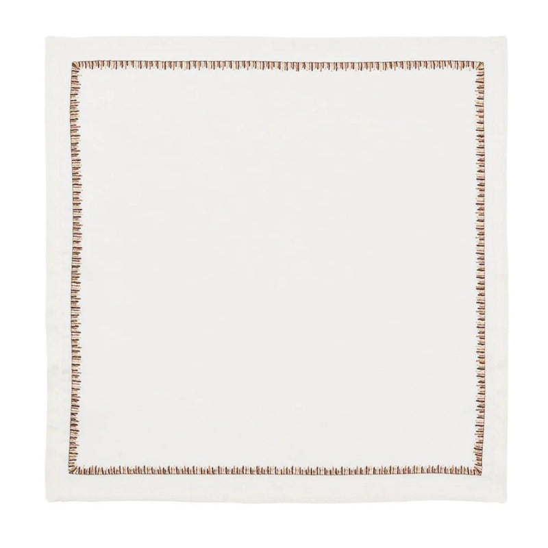 Unfolded Filament napkin in white linen with floating brown stitches, shown at Amiramour