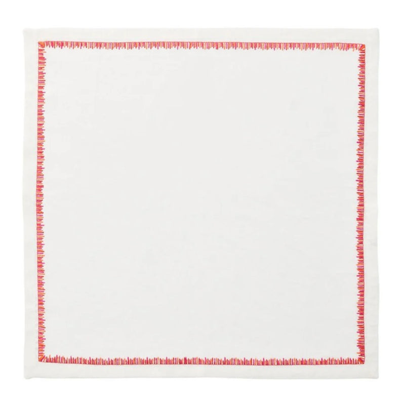 Unfolded Filament napkin in white linen with floating pink and orange embroidery