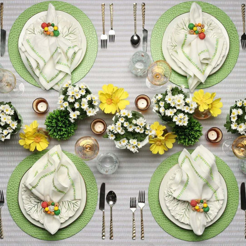 Filament napkin styled on floral table setting with colourful napkin rings, top view sold by Amiramour