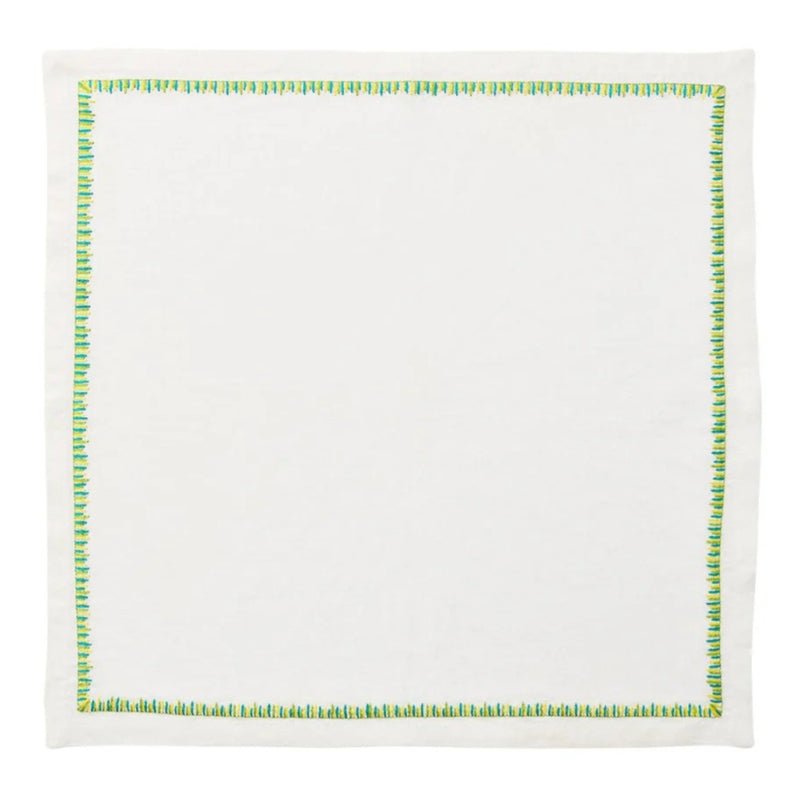Unwrapped Filament napkin in white, yellow and green embroidery by Kim Seybert for Amiramour