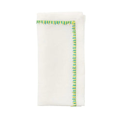 Filament napkin by Kim Seybert with yellow and green embroidery on white background for Amiramour