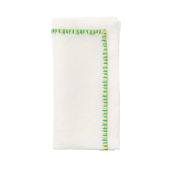 Filament napkin by Kim Seybert with yellow and green embroidery on white background for Amiramour