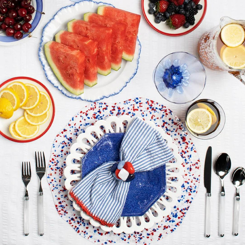 Top View summer table setting featuring Seersucker striped napkin by Kim Seybert, sold at Amiramour