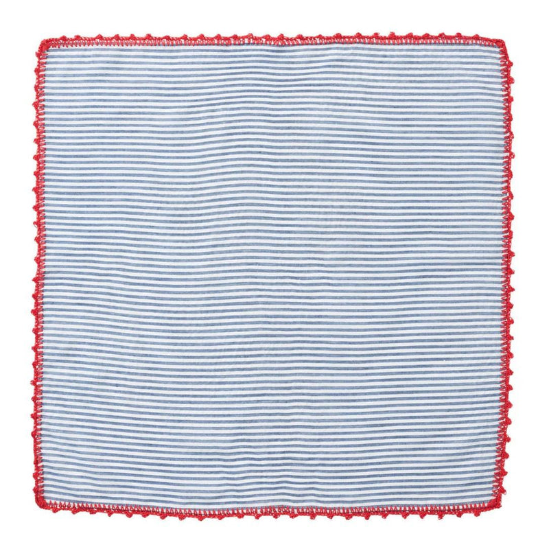 Unwraped Seersucker blue and white striped napkin with red crocheted border by Kim Seybert