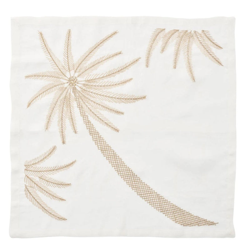 Unfolded Palm Coast napkin in white linen with palm motif embroidery in natural and gold