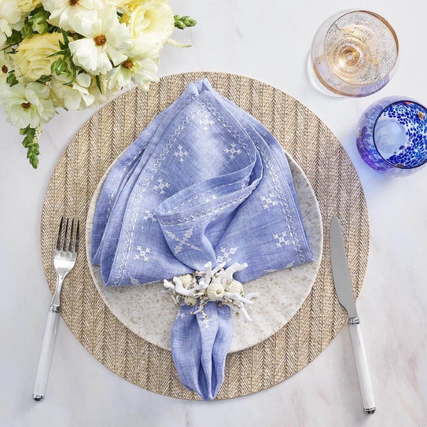Styled Fez napkin on casual coastal table setting, sold at Amiramour