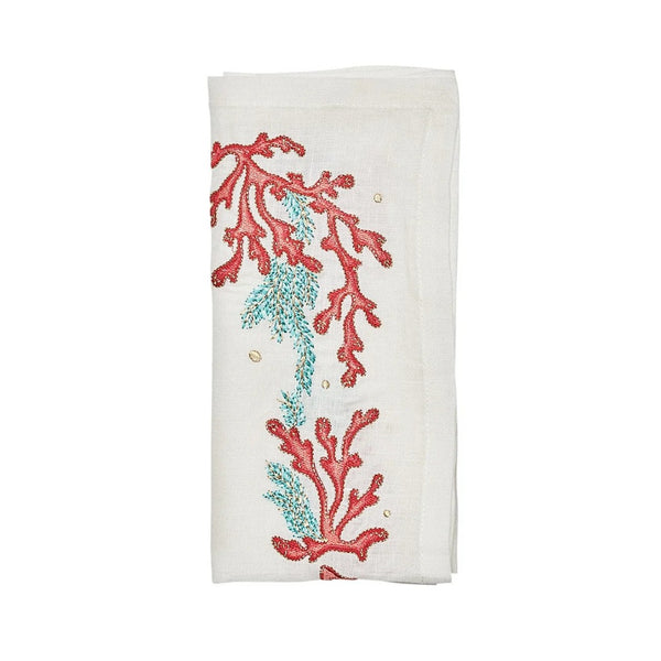 Folded Coral Spray napkin in white with coral and turquoise embroidery by Kim Seybert, available at Amiramour
