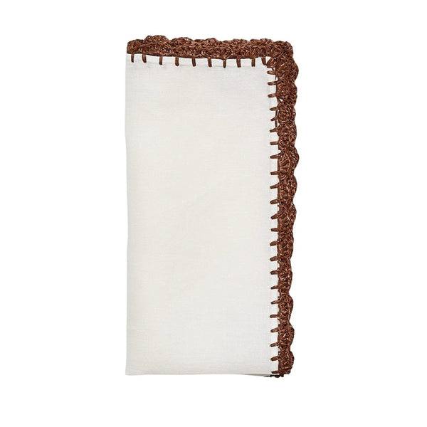 Shell Edge Napkin by Kim Seybert in white and brown on white background, sold by Amiramour