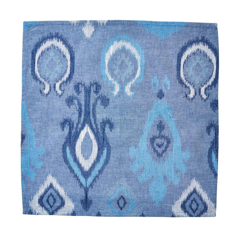 Unwraped Blue Marrakesh cotton napkin with intricate Inkat embroidery by Kim Seybert, sold at Amiramour.