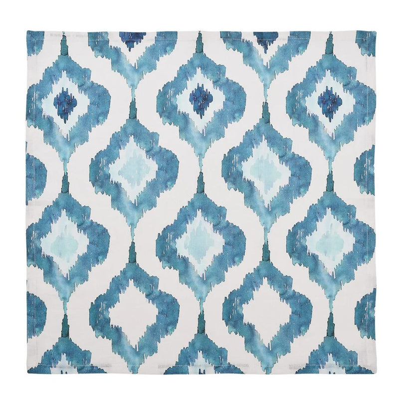 Unwraped Blue Watercolor Ikat linen napkin by Kim Seybert on white background, sold at Amiramour.