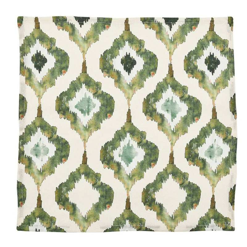 Olive green Watercolor Ikat napkin by Kim Seybert, unwrapped on white background, sold at Amiramour.