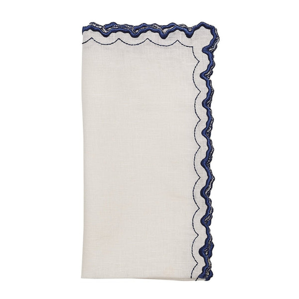 Arches napkin in white and blue by Kim Seybert on white background, shown by Amiramour