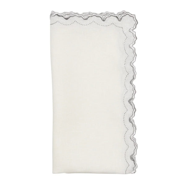 Arches linen napkin in white and silver by Kim Seybert on white background, available at Amiramour