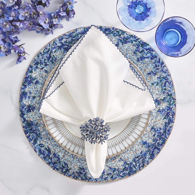 Casbah napkin styled with blue crystal napkin ring and beaded placemat, glam table by Amiramour