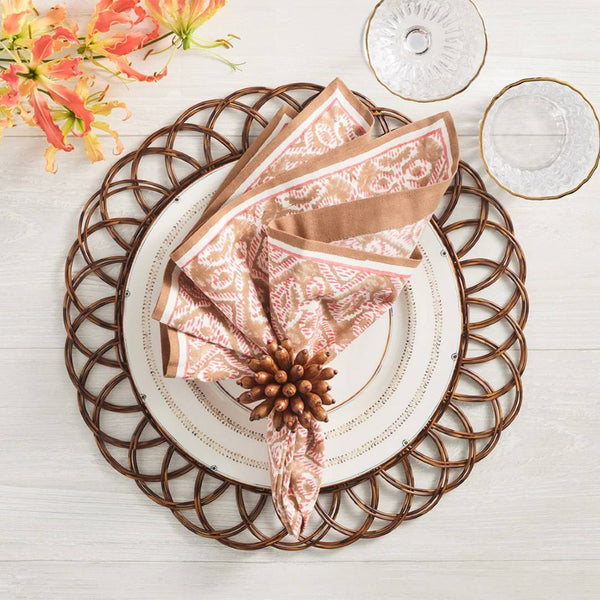 Brown and orange Alfresco cotton napkin, warm, earthy tones by Kim Seybert styled with brown napkin ring