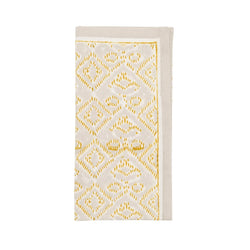 Folded Alfresco natural and gray cotton napkin with Indian block print on white background 