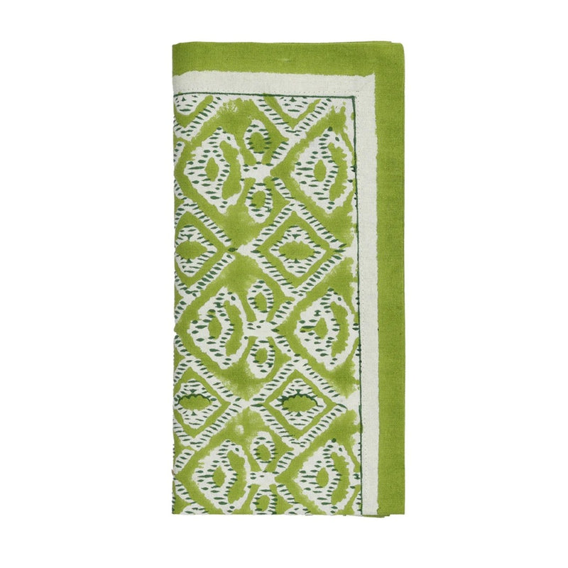 Set of 4 olive green Alfresco cotton napkins folded on white background, sold at Amiramour.