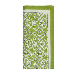 Set of 4 olive green Alfresco cotton napkins folded on white background, sold at Amiramour.