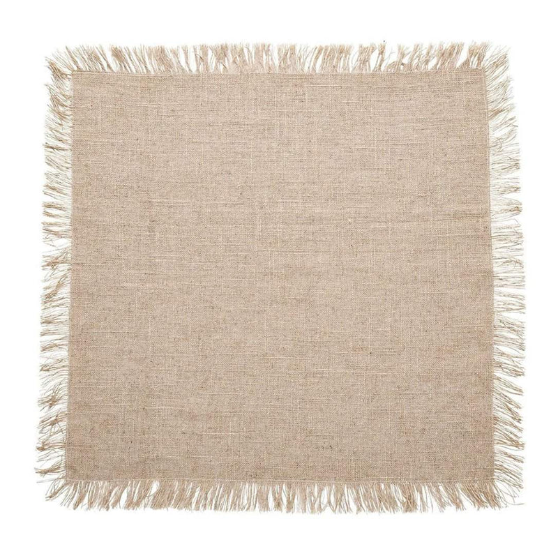 Brown linen napkin with fringe and an organic, textured look by Kim Seybert unwrapped
