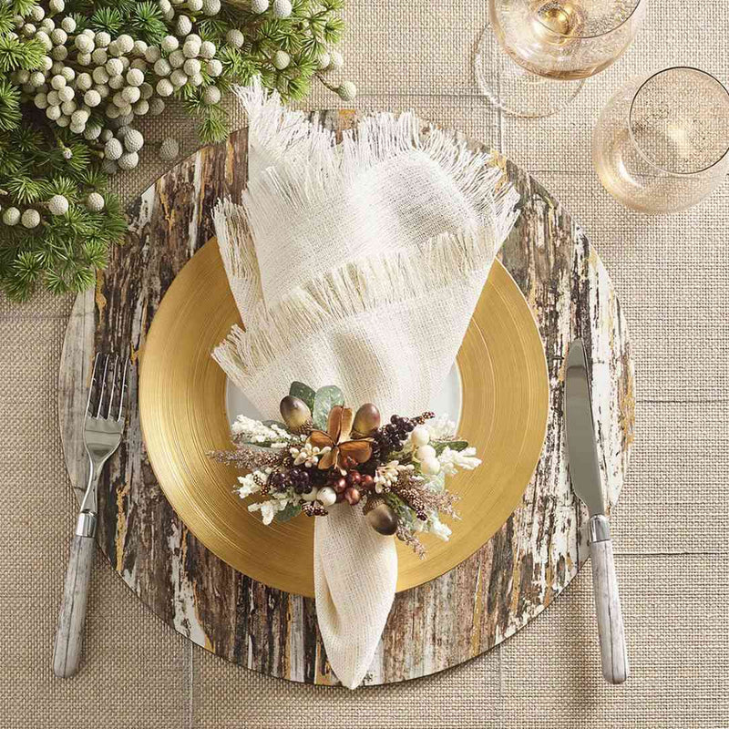 Autumn tablescape with white and gold Fringe napkin, styled with autumnal napkin ring 