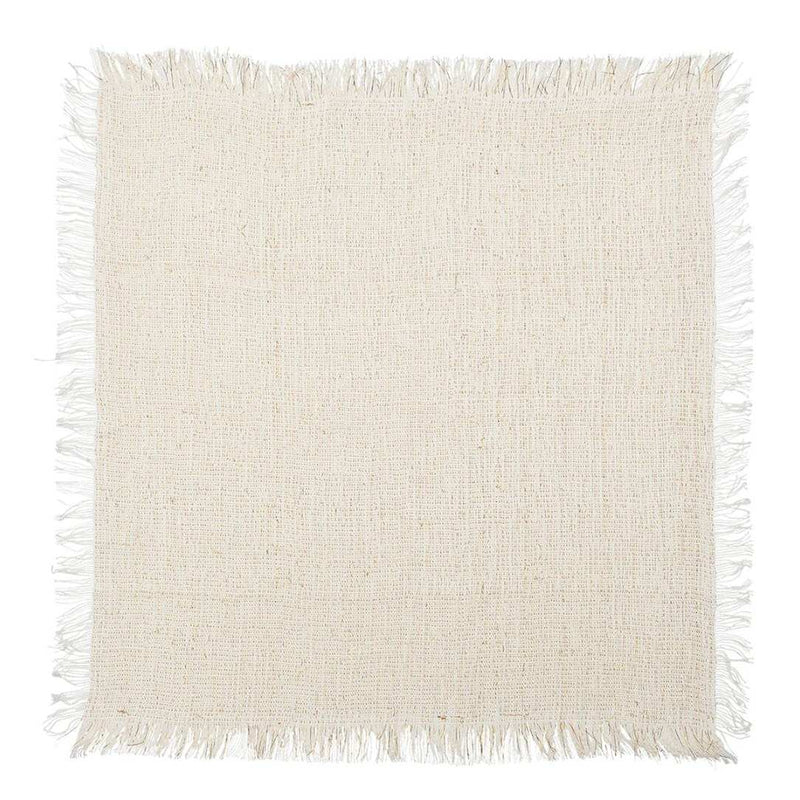 Unfolded white Fringe napkin with gold threads and fringe detail, glowing softly in light, sold by Amiramour