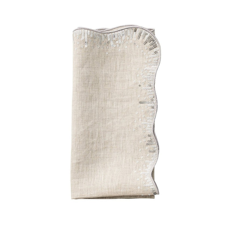 Folded Sequin Spray napkin in natural linen with silver sequin embroidery on white background sold by Amiramour