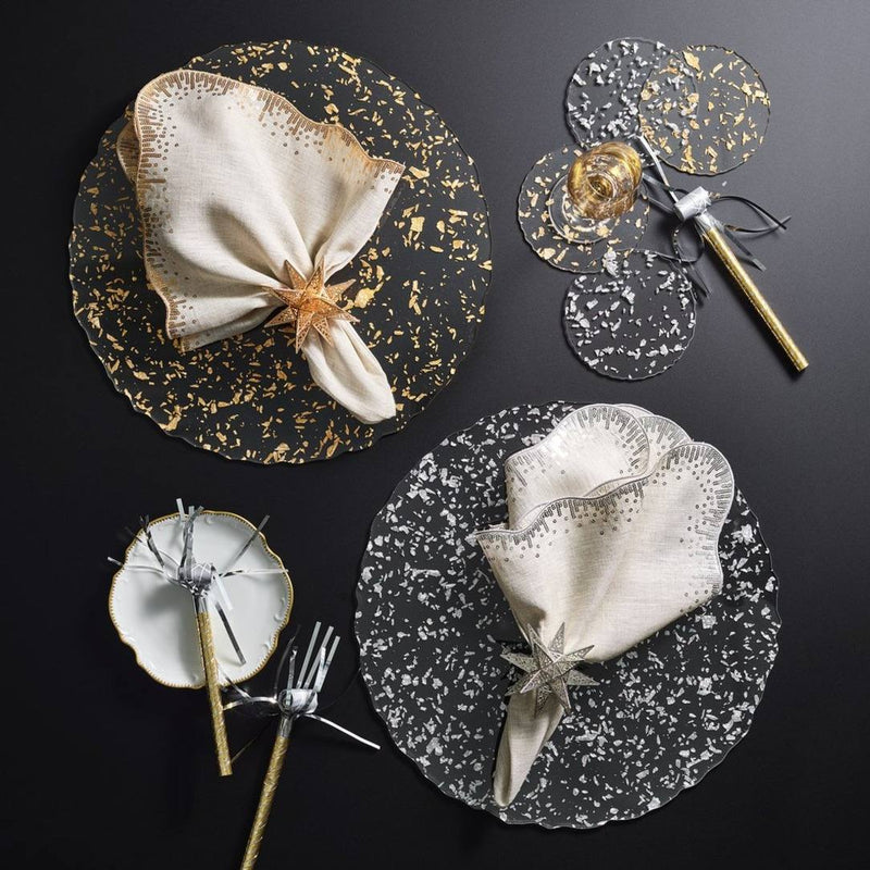 Sequin Spray napkin styled with sparkle gold and silver placemats 