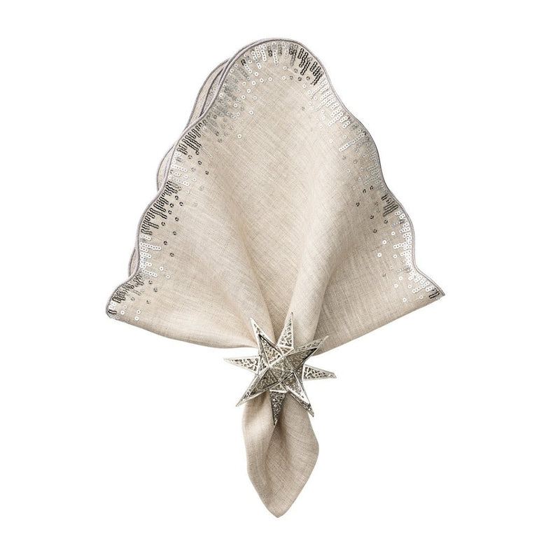 Sequin Spray napkin styled with silver star shaped napkin ring top view set of four sold by Amiramour