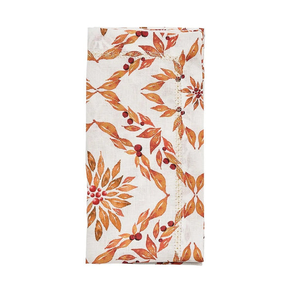 Laurel linen napkin with hand-painted foliage in warm tones folded on white background.