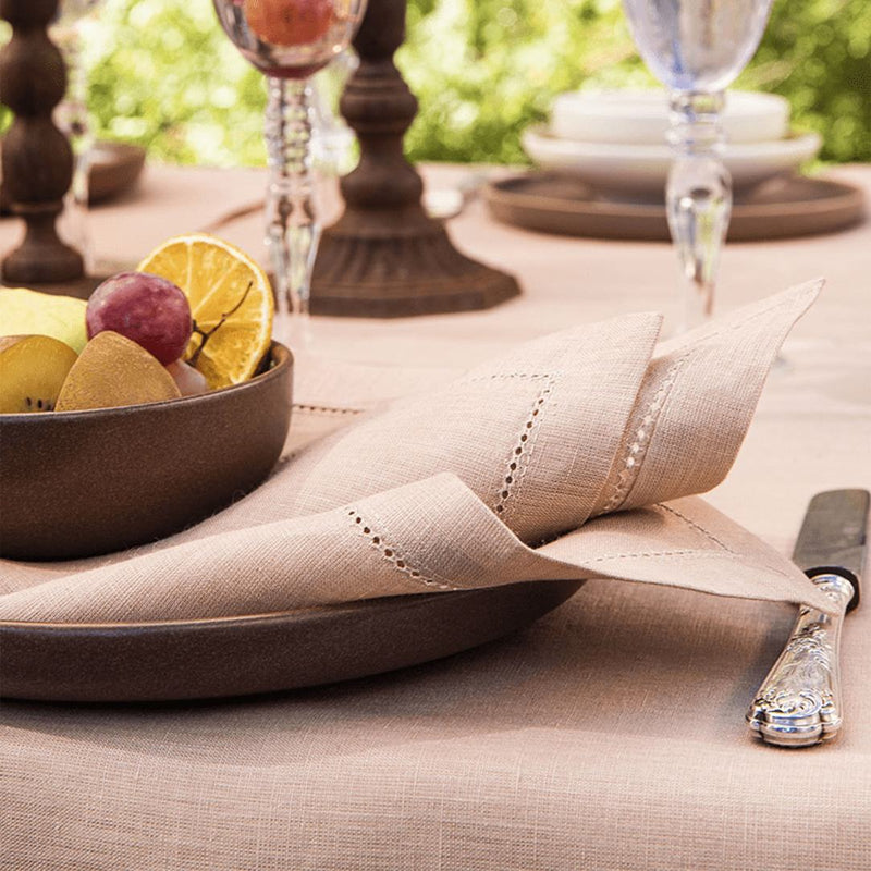 Close-up hemstitch border of the blush pink linen napkin, sold at Amiramour.