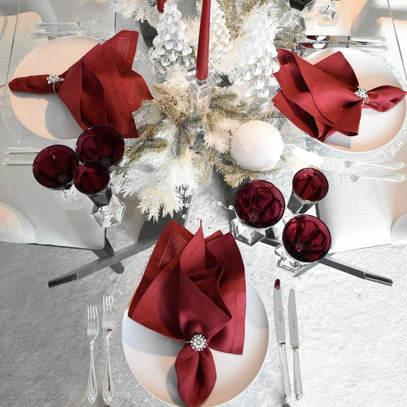 Red  linen napkin with stain-resistant Teflon coating syled on Christmas tablescape.