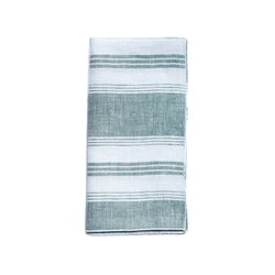Folded Riva green and white striped linen napkin with piped edge on white background, solld by Amiramour